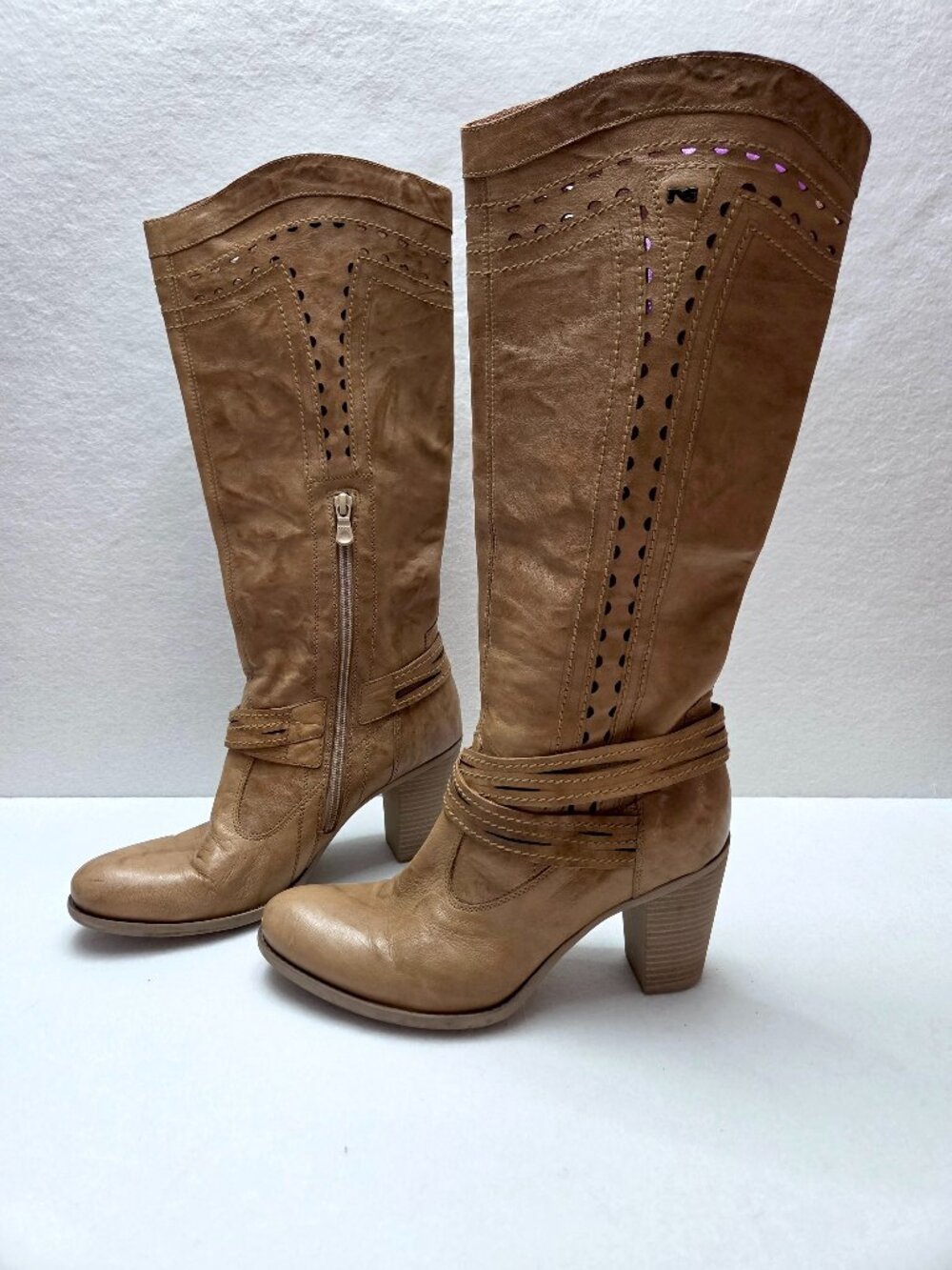 Nero Giardini Knee High Boots Perforated Strap Tan Leather Women's Size EU 40